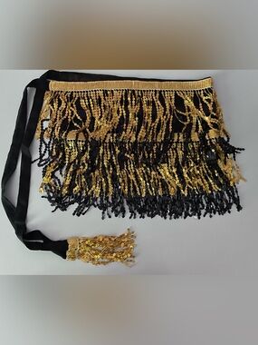Black & Gold Sequin Fringe Belly Dancing/Halloween Costume Tie Skirt
